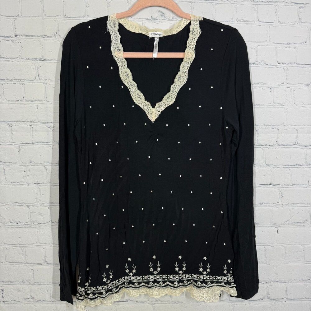 PJ Salvage Black Embroidered Blouse Women Large V Neck Knit Lace Coquette Cottag